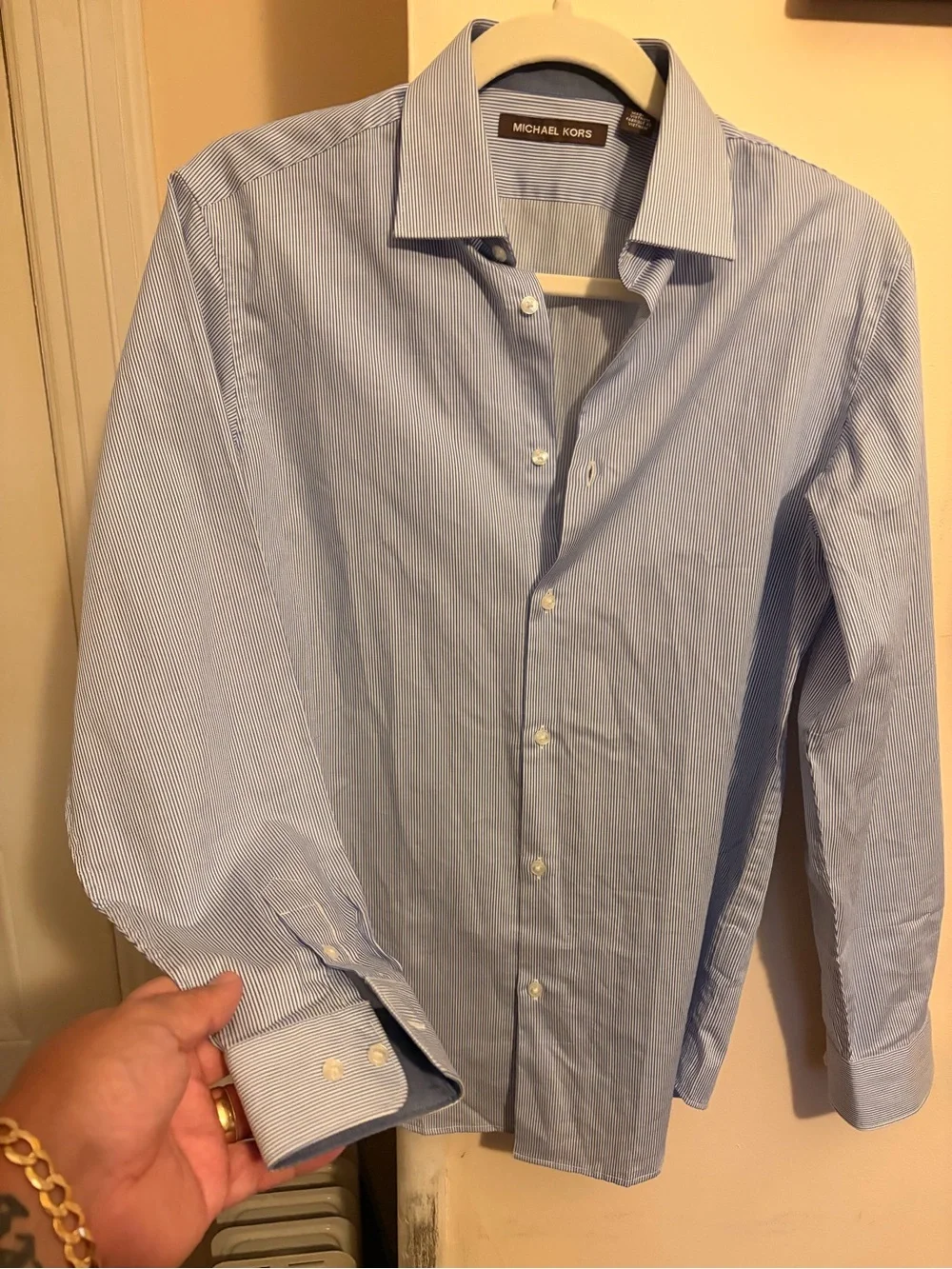 Michael Kors Men's Blue Pinstripe Spread Collar Dress Shirt